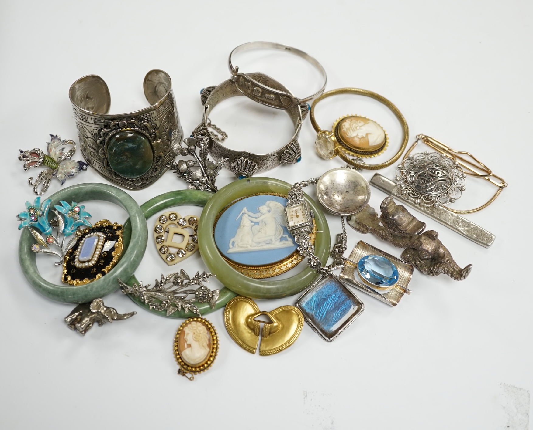 A collection of white metal and mixed costume jewellery, including bracelets, necklaces, bangles etc and a silver cased pair of scissors.